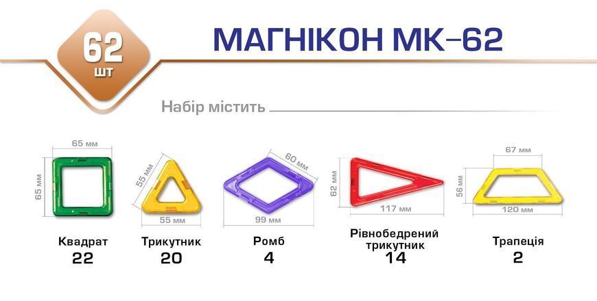 Магнітний конструктор МАГНІКОН, 62 деталей (MK-62)  фото